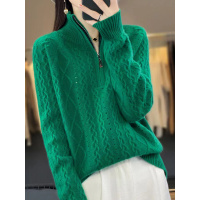 秋冬新款半高领仿羊毛女拉链套头毛衣宽松长袖针织打底衫上衣
