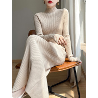 秋冬新款安迪绒针织过膝长裙女半高领气质坑条纯色包臀修身连衣裙