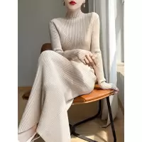 秋冬新款安迪绒针织过膝长裙女半高领气质坑条纯色包臀修身连衣裙