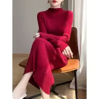秋冬新款连衣裙女套头长款毛衣裙子高翻领纯色安迪绒长袖针织裙子