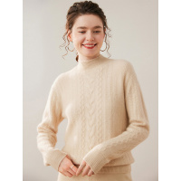 绞花双股厚山羊绒衫女士半高领毛衣秋冬宽松短款纯色打底羊毛衫