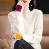 貂绒衫秋冬新款女半高领短款宽松加厚拼色羊毛针织衫打底毛衣