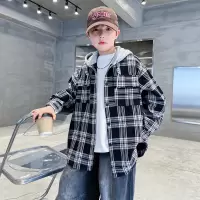 男童格子外套春秋款2026新款中大童春季上衣炸街儿童长袖连帽衬衫