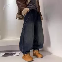 男童冬装加绒裤子新款初中生加厚牛仔裤男孩冬季一体绒秋冬款