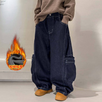 男童加绒裤子冬季新款儿童加厚牛仔裤痞帅风男孩一体绒工装裤