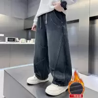 男童裤子秋冬新款大童男孩冬季儿童一体绒加厚加绒牛仔长裤初中生