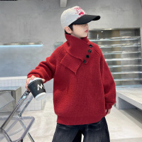 男童红色毛衣2026新款大儿童冬装加厚上衣圣诞节围巾可拆卸针织衫