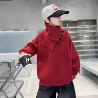 男童红色毛衣2026新款大儿童冬装加厚上衣圣诞节围巾可拆卸针织衫