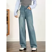 大牛创意口袋20266春新牛仔裤女直筒裤高腰拖地阔腿裤垂感