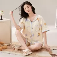 春夏季女士翻领带胸垫睡衣短袖短裤少女可爱卡通家居服套装夏季