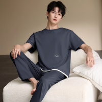 夏季新款纯棉a类短袖长裤两件套男士睡衣大码宽松纯色可外穿家居