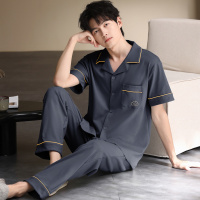 夏季纯棉男士开衫短袖长裤睡衣套装翻领舒适纯色卡通可外穿家居服
