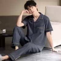 夏季纯棉男士开衫短袖长裤睡衣套装翻领舒适纯色卡通可外穿家居服