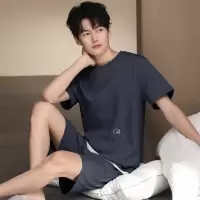 夏季纯棉短袖短裤两件套套装男士纯色宽松舒适睡衣男可外穿家居服
