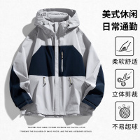 春秋季新款男士连帽拼色冲锋衣夹克宽松户外休闲运动防风夹克外套