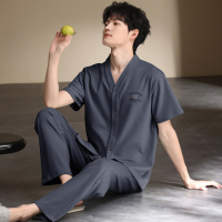 纯棉夏季新款睡衣男短袖长裤薄款纯色简约男士开衫俩件套睡衣套装