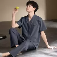 纯棉夏季新款睡衣男短袖长裤薄款纯色简约男士开衫俩件套睡衣套装
