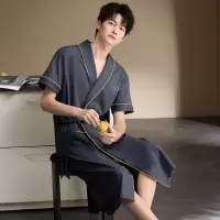 纯棉睡袍男士夏季大码宽松舒适200斤和服绑带v领浴袍纯色男性居家