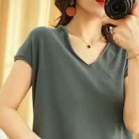2026新款棉麻纯色T恤女v领短袖宽松显瘦休闲短袖针织衫上衣女装夏
