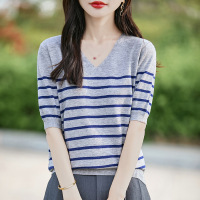 2026春季款女式针织衫毛衣女V领短袖打底毛衫女条纹