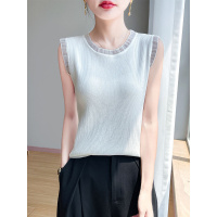 25夏季新款冰丝针织无袖蕾丝拼接吊带背心圆领T恤女百搭薄款上衣