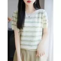 25夏季新款彩虹条纹冰爽丝薄款短袖上衣T恤女圆领修身短袖针织衫