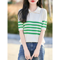 25夏季新款纯棉polo领针织短袖T恤女简约拼色条纹打底衫内搭上衣