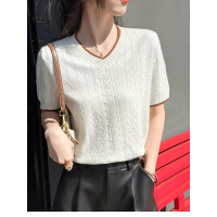 V领镂空针织短袖女2026夏季新款宽松显瘦波浪上衣拼色提花T恤女