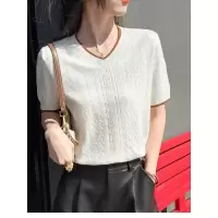 V领镂空针织短袖女2026夏季新款宽松显瘦波浪上衣拼色提花T恤女