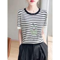 冰丝撞色条纹鸭梨印花圆领针织短袖T恤女夏季韩版薄款五分袖上衣