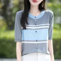 圆领撞色条纹短袖针织开衫女2026新款小众设计感独特拼色T恤上衣