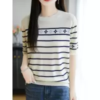 圆领条纹莱赛尔天丝T恤衫女宽松韩版简约薄款上衣显瘦撞色短袖夏
