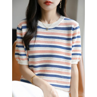 夏季冰丝镂空短袖女圆领彩色条纹针织T恤宽松显瘦亚麻半袖上衣薄
