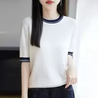 夏季女装新款曲珠冰麻丝短袖女针织衫撞色T恤女圆领背心