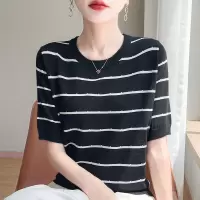 夏季女装新款曲珠冰麻丝短袖女针织衫条纹T恤女圆领背心