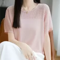 夏季女装新款曲珠冰麻丝短袖女针织衫镂空T恤女圆领背心