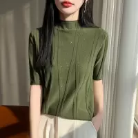 夏季新款亮片半高领套头针织衫上衣短袖休闲内搭打底衫T恤女