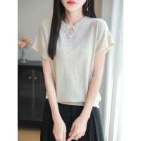 夏季新款冰丝V领扣子针织短袖T恤上衣薄款提花小飞袖打底衫内搭女