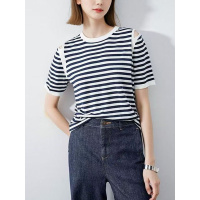 夏季新款圆领冰丝撞色条纹露肩针织短袖T恤女休闲简约宽松打底衫