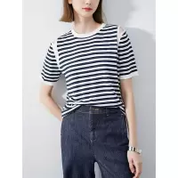 夏季新款圆领冰丝撞色条纹露肩针织短袖T恤女休闲简约宽松打底衫