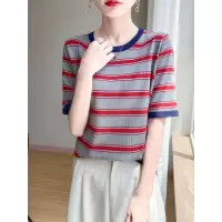 夏季新款圆领条纹短袖T恤衫女宽松薄款拼色内搭上衣套头