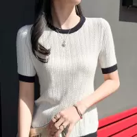 夏季新款女装短袖复古针织T恤女洋气打底衫撞色圆领麻花上衣