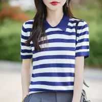 夏季新款女装针织短袖韩版POLO领条纹撞色针织T恤外套女上衣