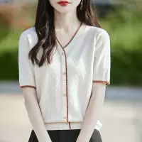 夏季新款女装针织衫v领气质镂空假开衫撞色针织短袖上衣外套