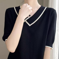 夏季新款女装针织衫拼色错翻领短袖宽松气质冰麻T恤洋气外套上衣