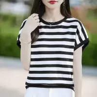 夏季新款时尚女装针织短袖圆领条纹T恤宽松套头撞色上衣外套