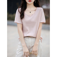 夏季新款棉线针织短袖女V领开口卷边T恤衫百搭宽松显瘦全棉上衣