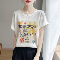 夏季新款飞袖印花短袖针织衫女圆领套头百搭T恤时尚小众休闲上衣
