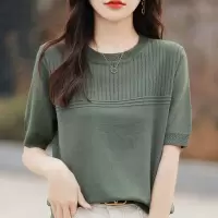 夏新款女装曲珠冰麻丝短袖女针织衫T恤女圆领薄款韩版代