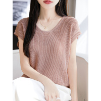 夏日亚麻针织背心2026新款低圆领韩系薄款镂空针织短袖女凉快